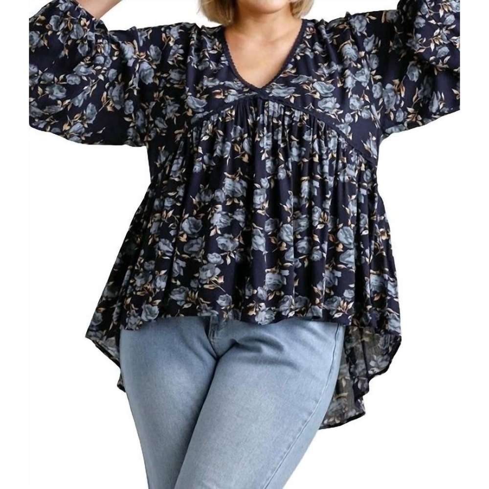 Umgee Plus Size 2X Navy Floral Babydoll Top High Low Cotton Gauze Blouse Lace